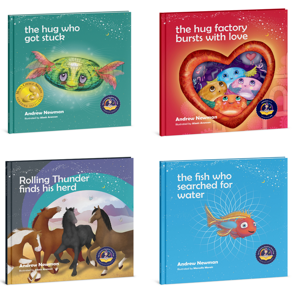 4-book bundle: The Hug Who Got Stuck + The Hug Factory Bursts with Love + Rolling Thunder Finds His Herd + The Fish Who Searched For Water